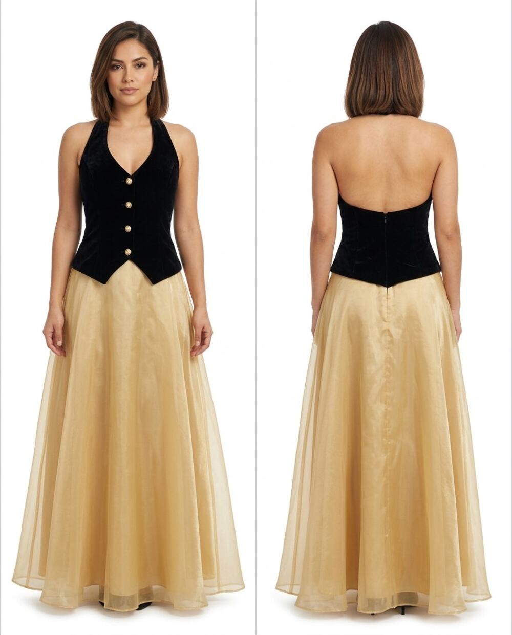 Te Rez York Black Gold Velvet Halter Neck Gown Dress Women See Measurements